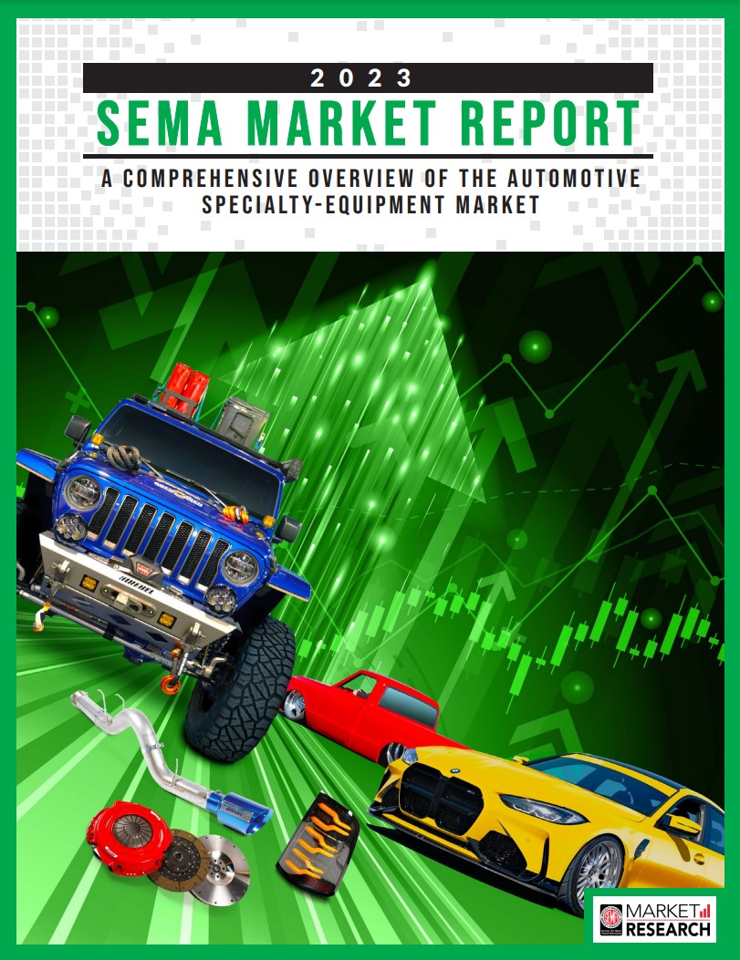 2023 SEMA Market Research Reoprt Cover with car, jeep, and trend chart graphics