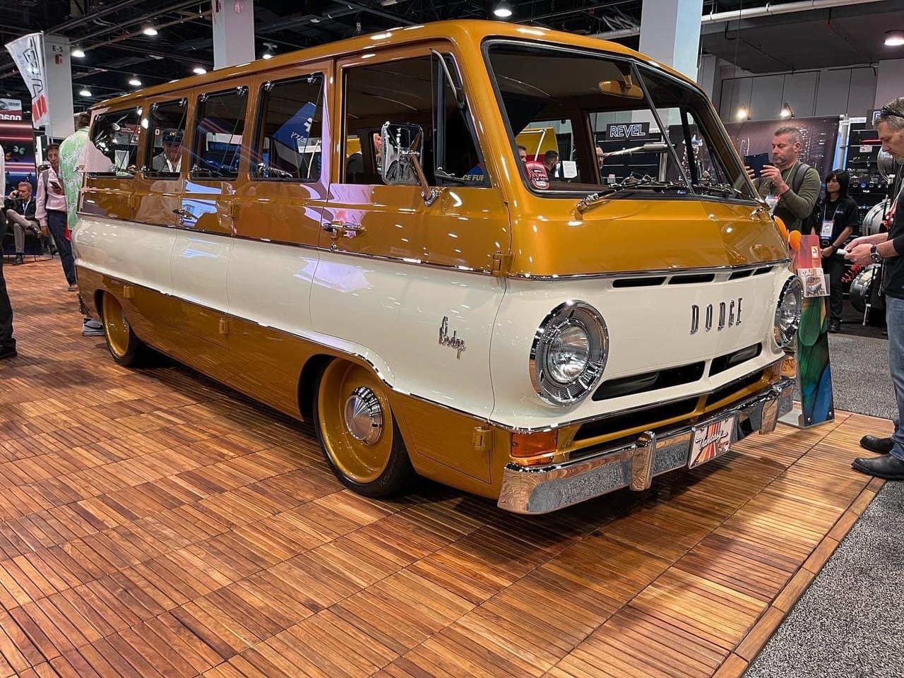 Lowered Dodge Van - gold and white