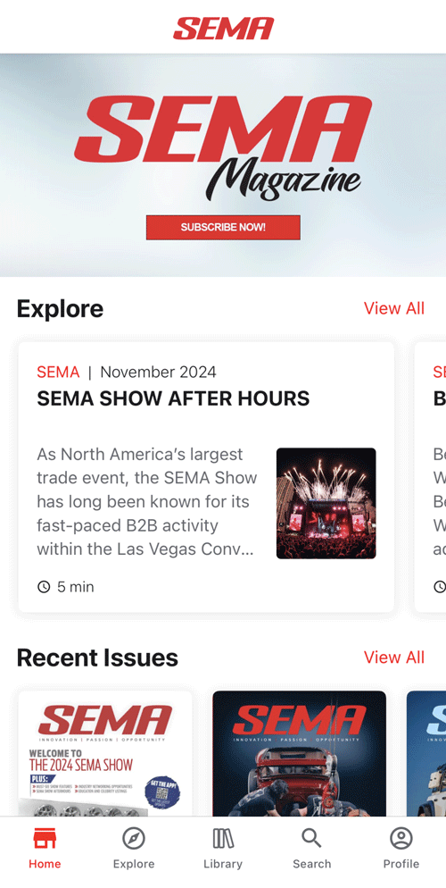 SEMA Magazine app main menu